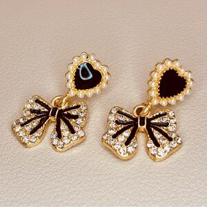 Elegant Gold and Black Heart with Drop Bow CZ Dangle Earrings